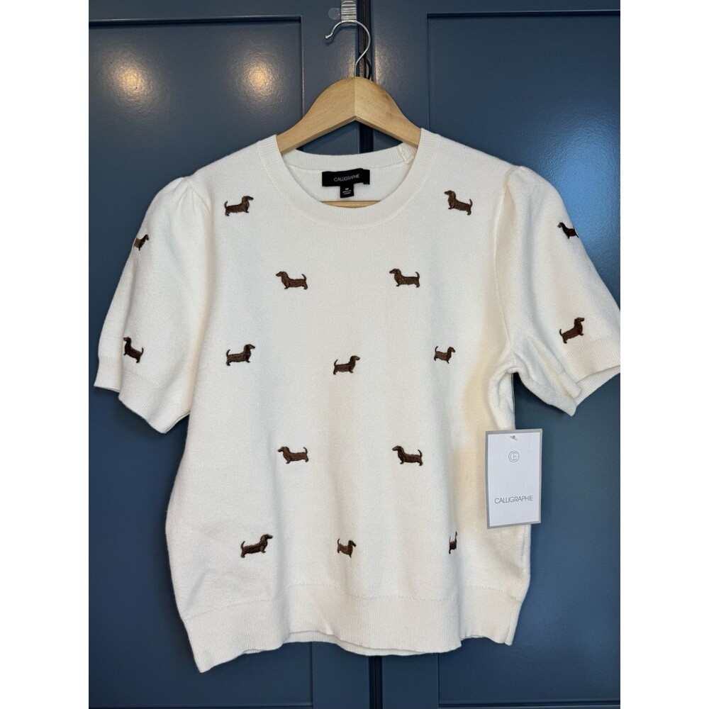 Calligraphie Cream Knit Puff Short Sleeve Crewneck Embroidered Dog Sweater M